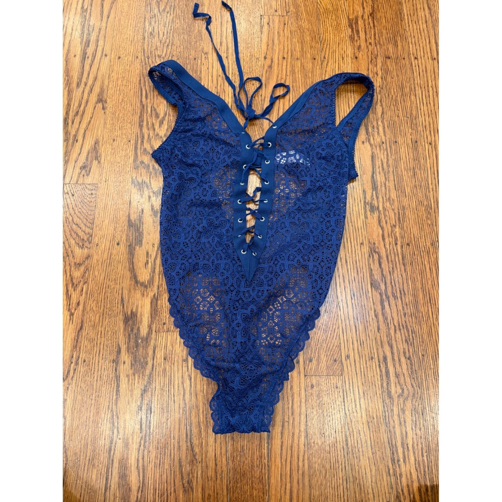 Victoria's Secret Navy Floral Lace-Up Bodysuit Teddy Sheer Lace Small Lingerie